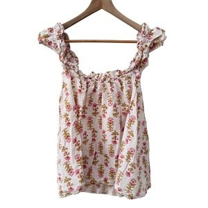 Piyama Tank Top Size M White Pink Floral Block Print Ruffle Strap Cotton pajama